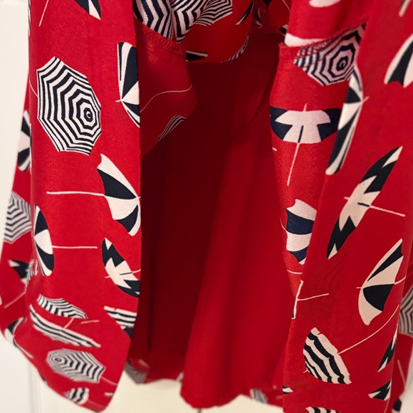 Talbots 14P Red Beach Umbrella Print V Neck Short Sleeve Fit Flare Midi Dress - Picture 5 of 9